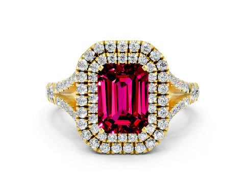 Yellow gold Double Halo Emerald Cut Garnet Split Shank Engagement Ring with Four-Prong Setting
