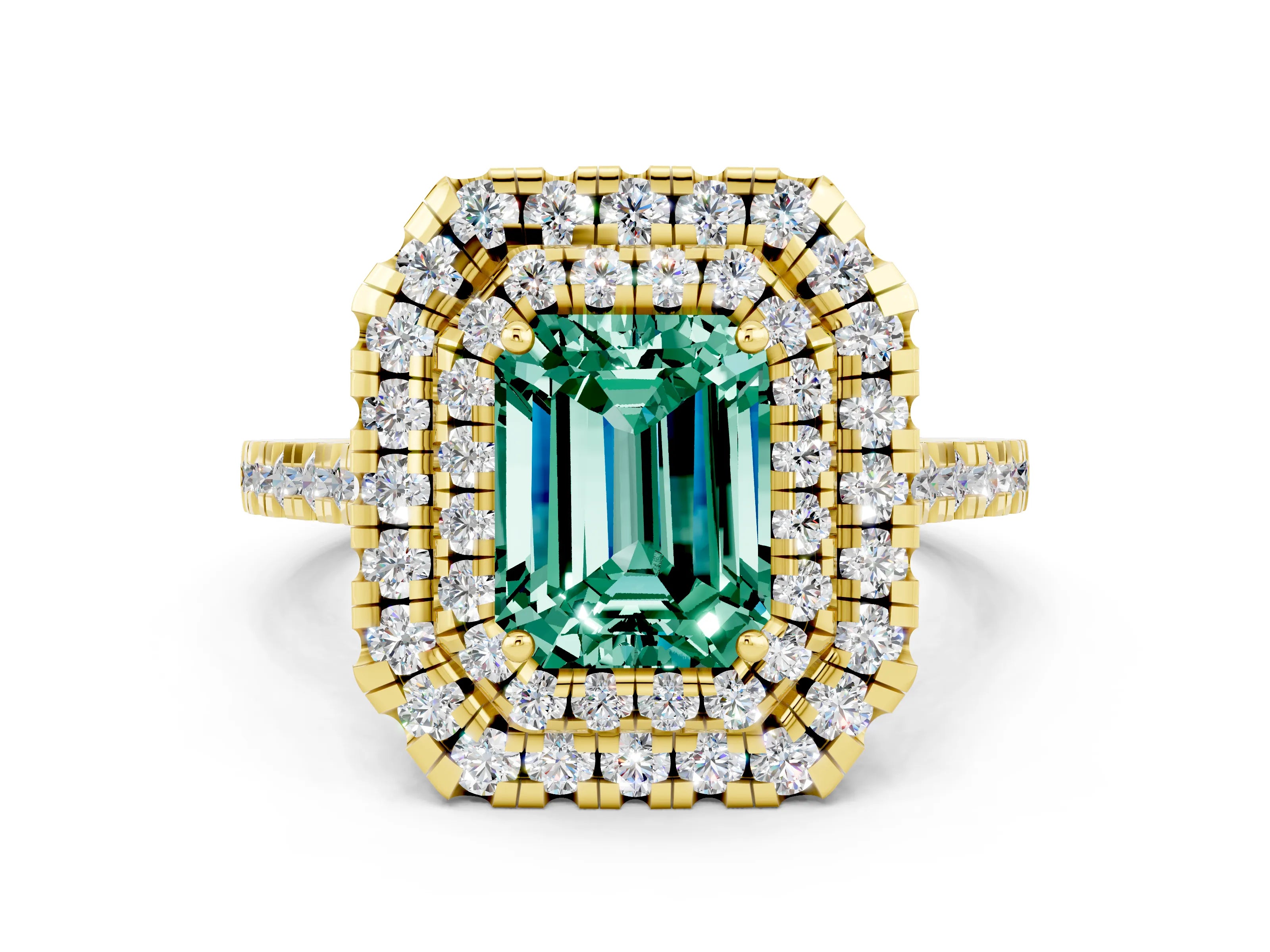 Yellow gold Double Halo Emerald Cut Green Sapphire Pavé Band with Four-Prong Setting