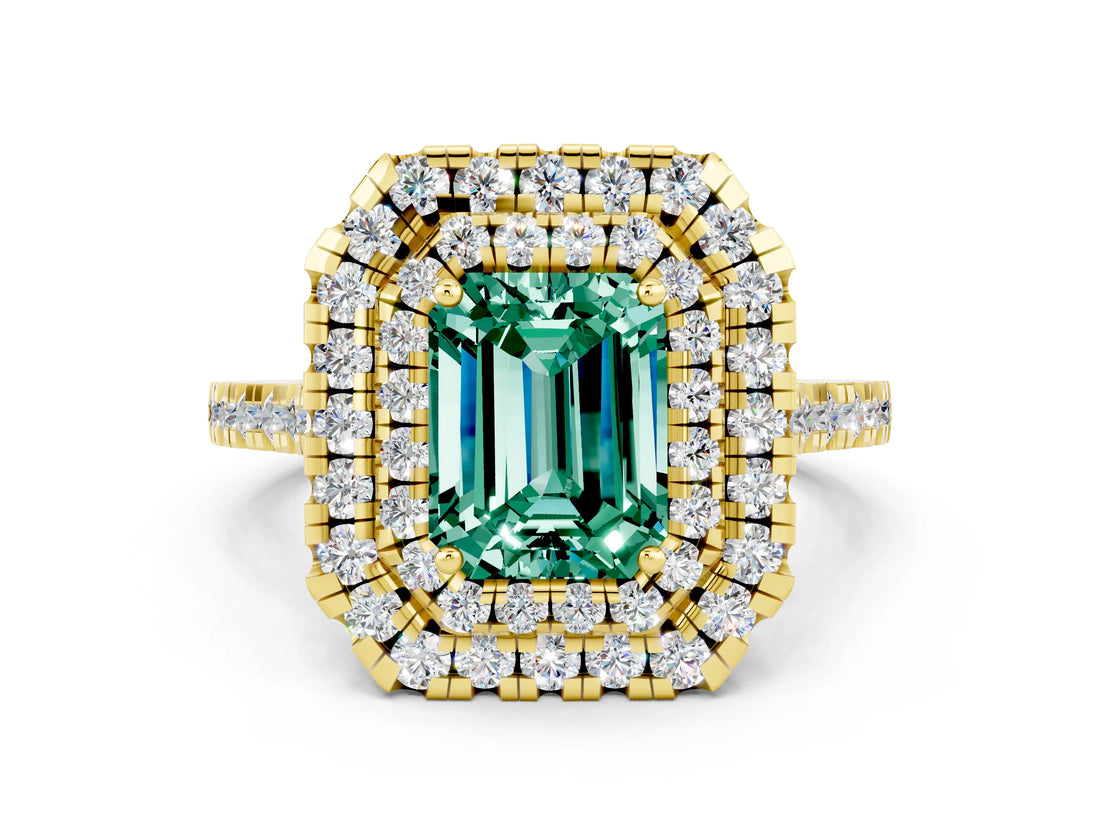 Yellow gold Double Halo Emerald Cut Green Sapphire Pavé Band with Four-Prong Setting