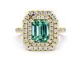 Yellow gold Double Halo Emerald Cut Green Sapphire Pavé Band with Four-Prong Setting