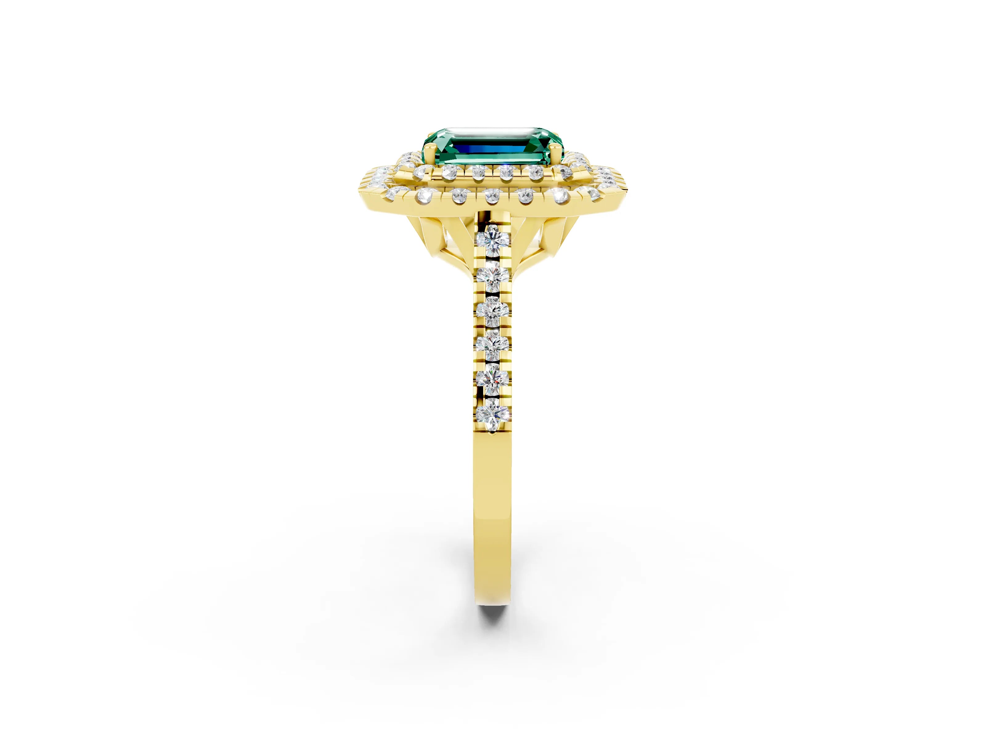 Yellow gold Double Halo Emerald Cut Green Sapphire Pavé Band with Four-Prong Setting_2