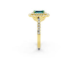 Yellow gold Double Halo Emerald Cut Green Sapphire Pavé Band with Four-Prong Setting_2