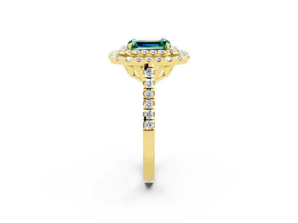 Yellow gold Double Halo Emerald Cut Green Sapphire Pavé Band with Four-Prong Setting