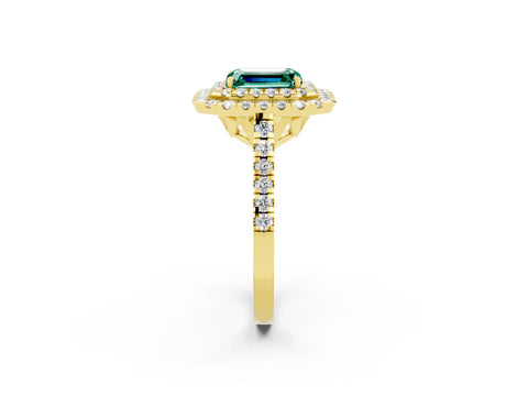 Yellow gold Double Halo Emerald Cut Green Sapphire Pavé Band with Four-Prong Setting_2