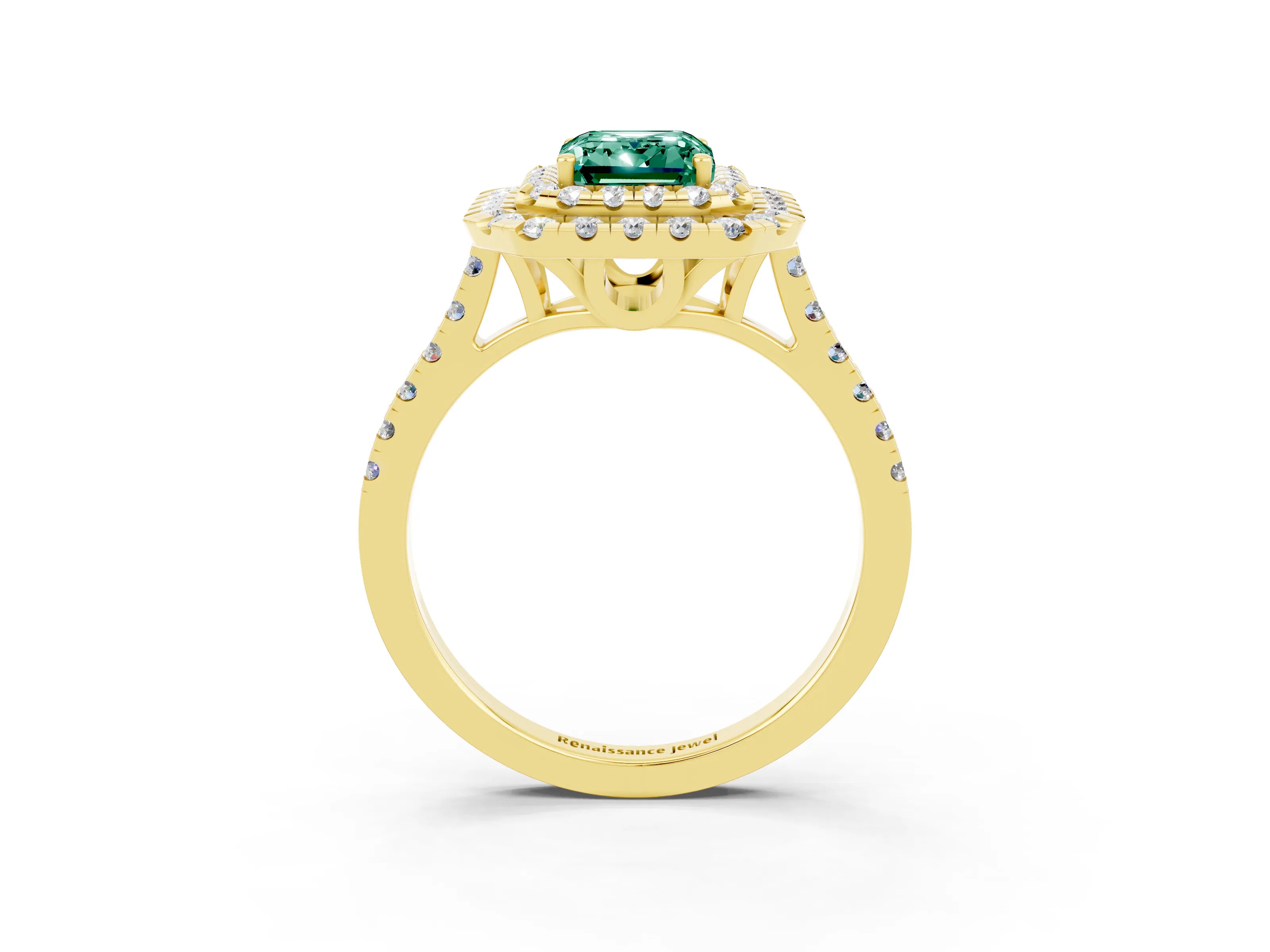 Yellow gold Double Halo Emerald Cut Green Sapphire Pavé Band with Four-Prong Setting_3