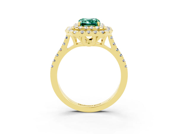 Yellow gold Double Halo Emerald Cut Green Sapphire Pavé Band with Four-Prong Setting
