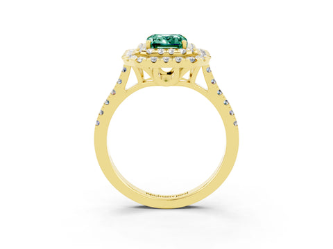 Yellow gold Double Halo Emerald Cut Green Sapphire Pavé Band with Four-Prong Setting_3