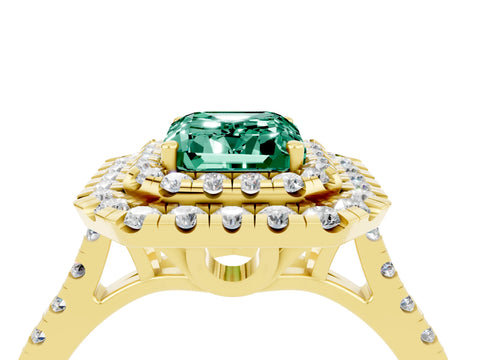 Yellow gold Double Halo Emerald Cut Green Sapphire Pavé Band with Four-Prong Setting_4