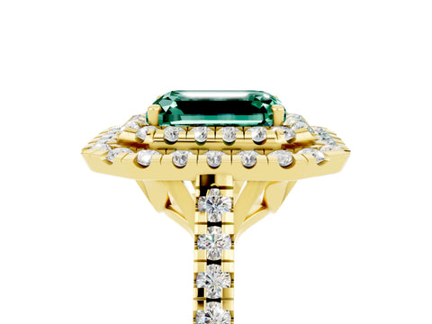 Yellow gold Double Halo Emerald Cut Green Sapphire Pavé Band with Four-Prong Setting_5