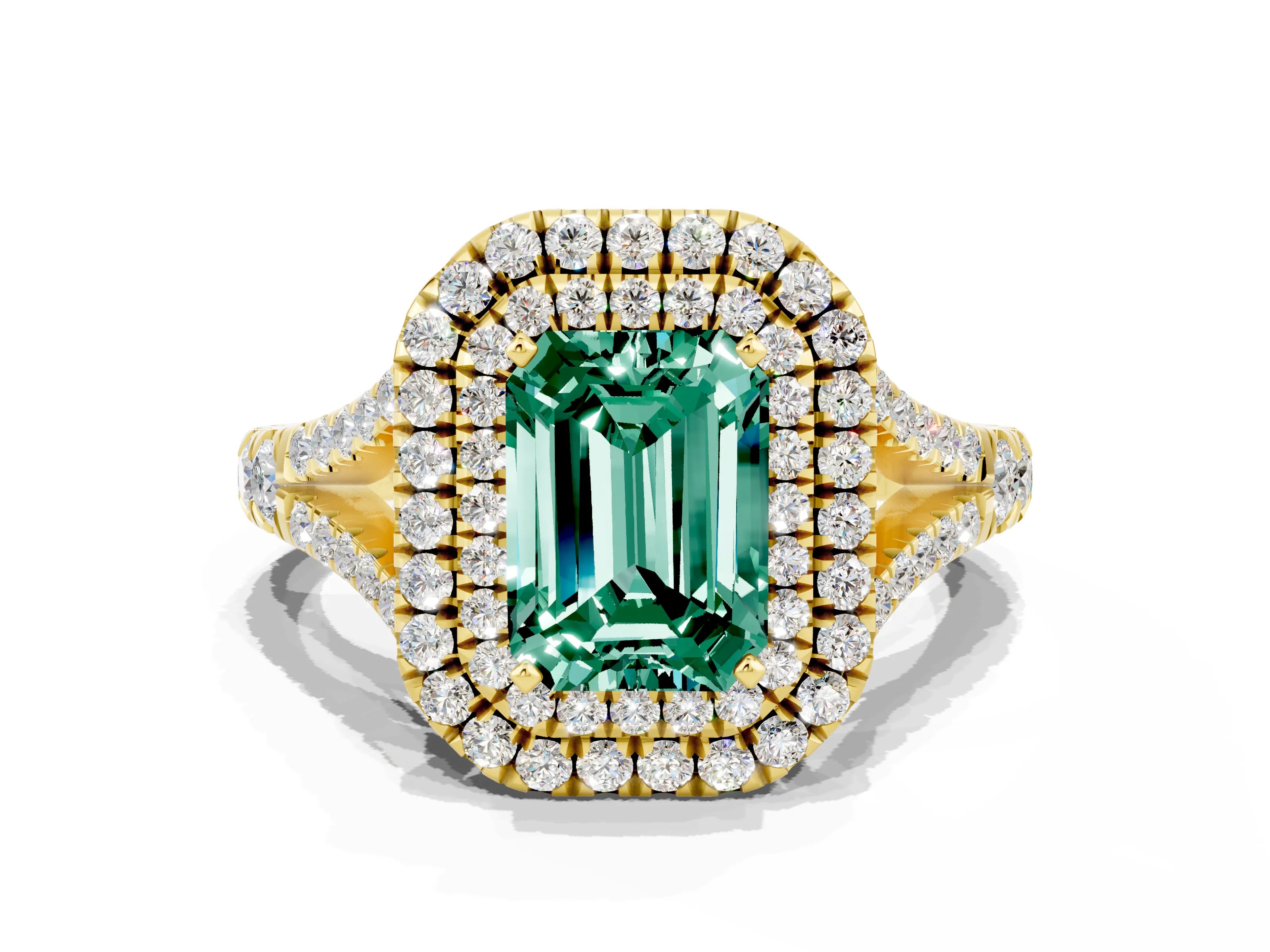 Yellow gold Double Halo Emerald Cut Green Sapphire Pavé Split Shank Ring with Prong Setting
