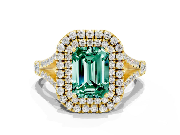Yellow gold Double Halo Emerald Cut Green Sapphire Pavé Split Shank Ring with Prong Setting