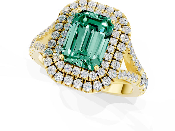 Yellow gold Double Halo Emerald Cut Green Sapphire Pavé Split Shank Ring with Prong Setting
