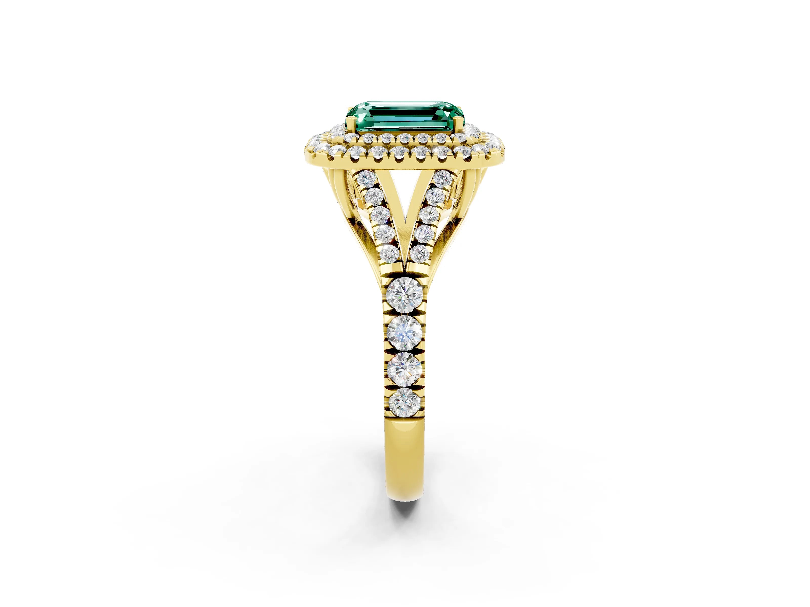 Yellow gold Double Halo Emerald Cut Green Sapphire Pavé Split Shank Ring with Prong Setting_2