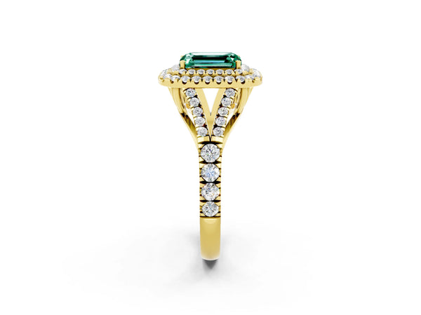 Yellow gold Double Halo Emerald Cut Green Sapphire Pavé Split Shank Ring with Prong Setting