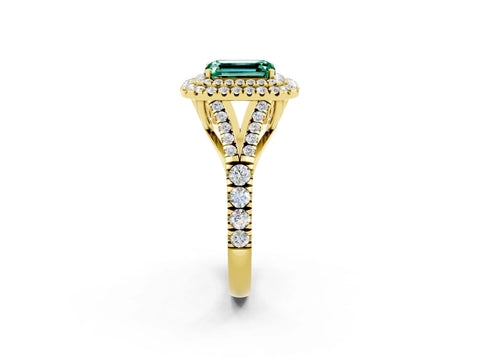 Yellow gold Double Halo Emerald Cut Green Sapphire Pavé Split Shank Ring with Prong Setting_2