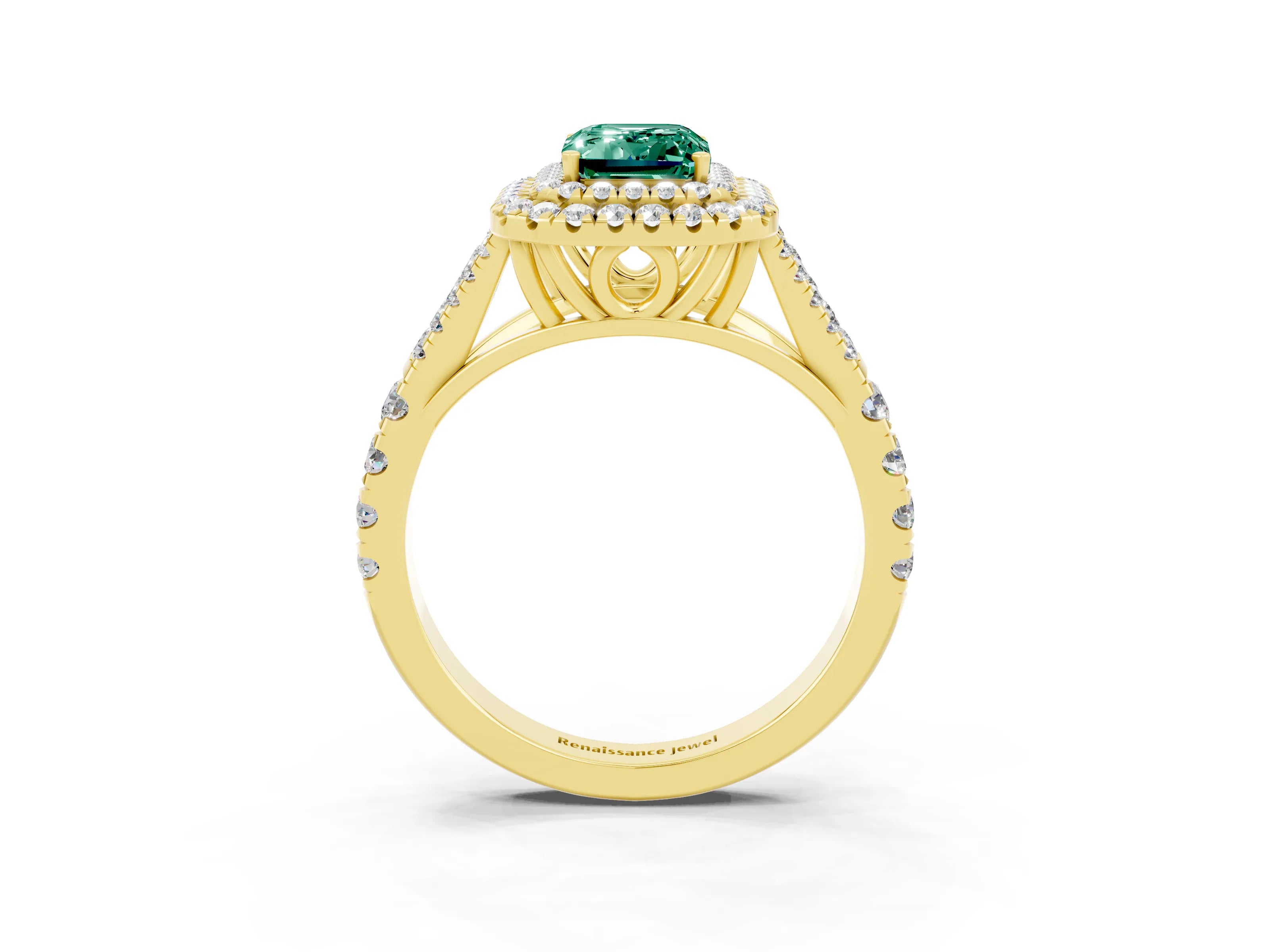 Yellow gold Double Halo Emerald Cut Green Sapphire Pavé Split Shank Ring with Prong Setting_3