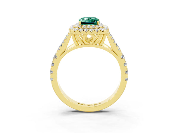 Yellow gold Double Halo Emerald Cut Green Sapphire Pavé Split Shank Ring with Prong Setting