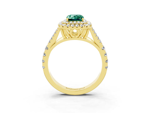 Yellow gold Double Halo Emerald Cut Green Sapphire Pavé Split Shank Ring with Prong Setting_3