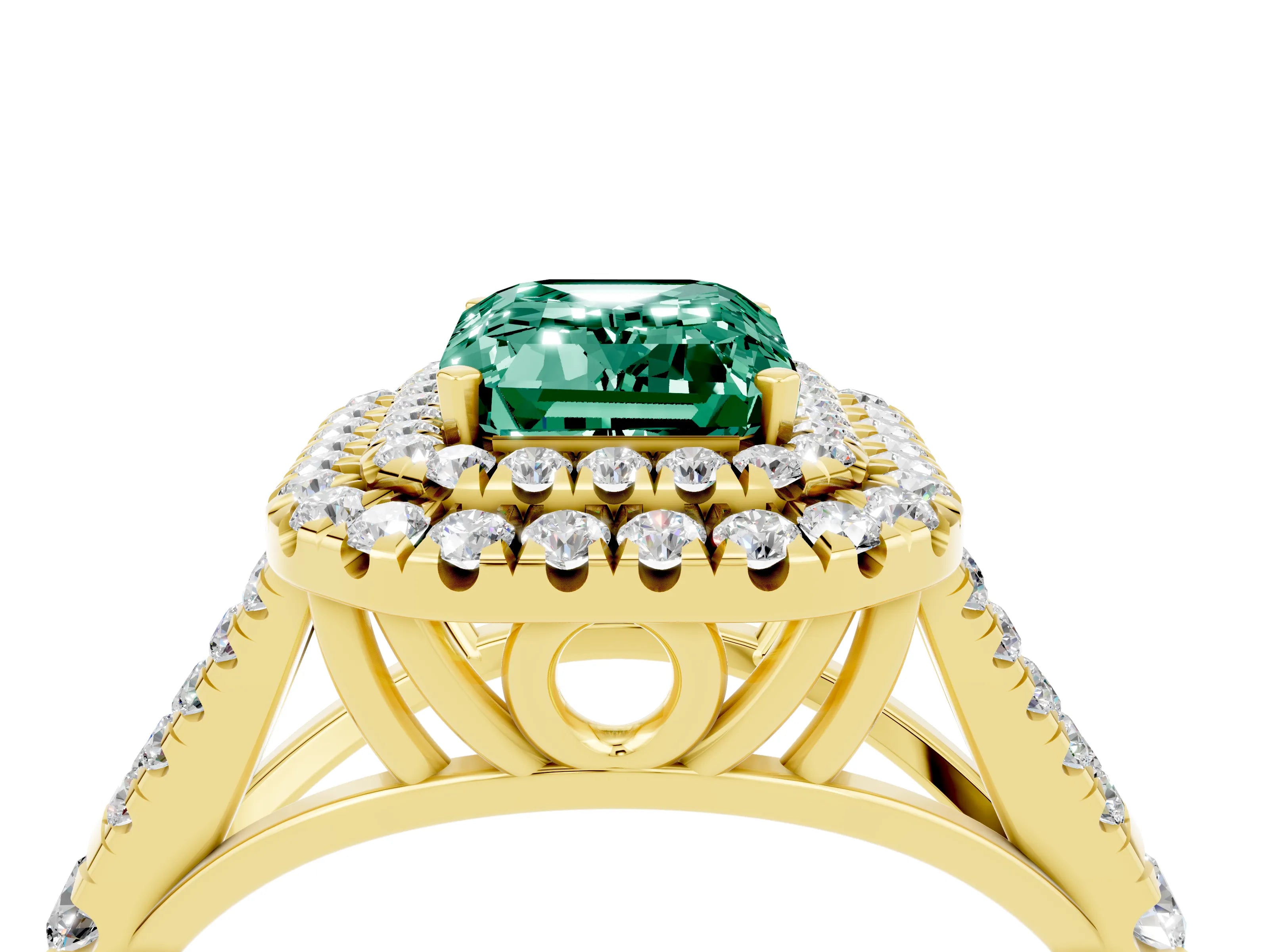 Yellow gold Double Halo Emerald Cut Green Sapphire Pavé Split Shank Ring with Prong Setting_4