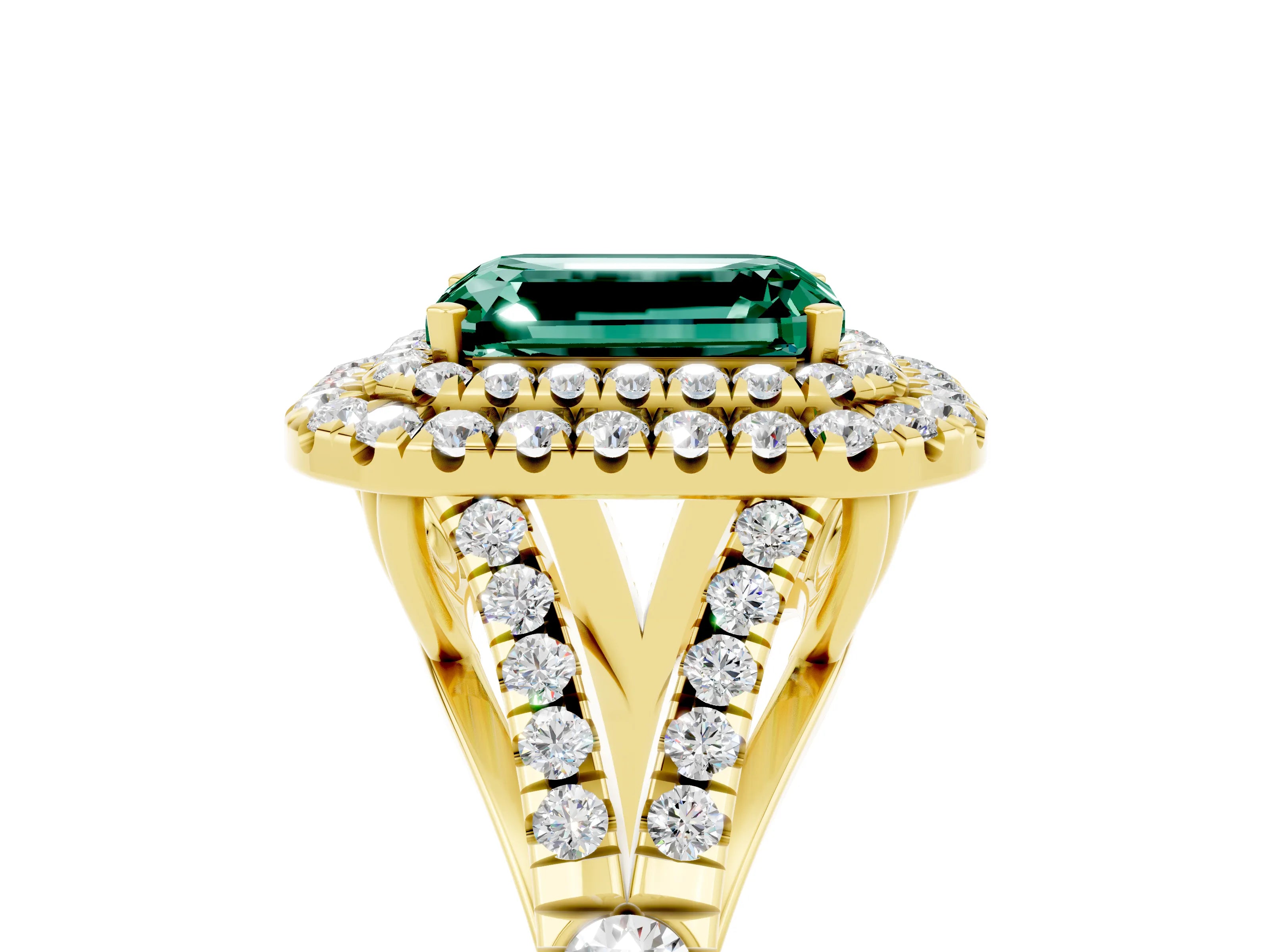 Yellow gold Double Halo Emerald Cut Green Sapphire Pavé Split Shank Ring with Prong Setting_5