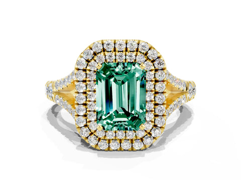 Yellow gold Double Halo Emerald Cut Green Sapphire Pavé Split Shank Ring with Prong Setting