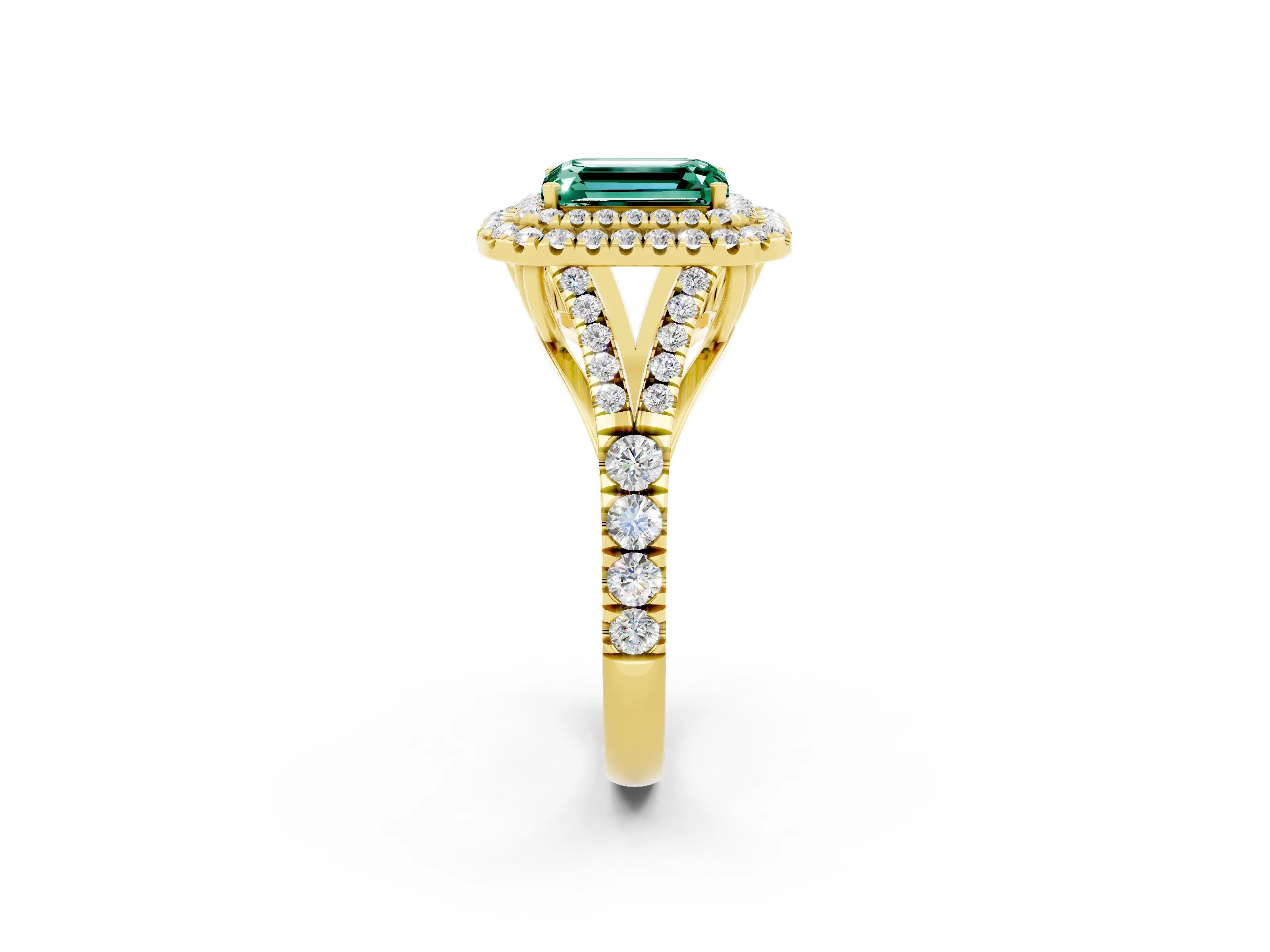Yellow gold Double Halo Emerald Cut Green Sapphire Split Shank Engagement Ring with Four-Prong Setting_2