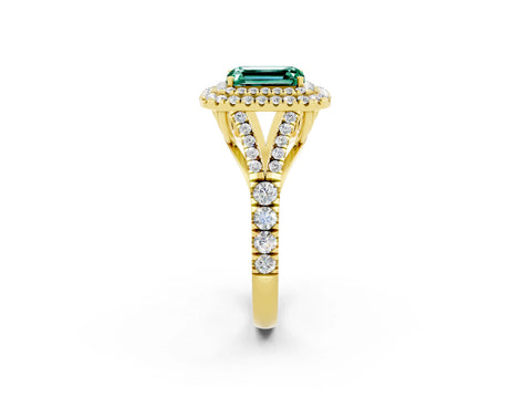 Yellow gold Double Halo Emerald Cut Green Sapphire Split Shank Engagement Ring with Four-Prong Setting_2