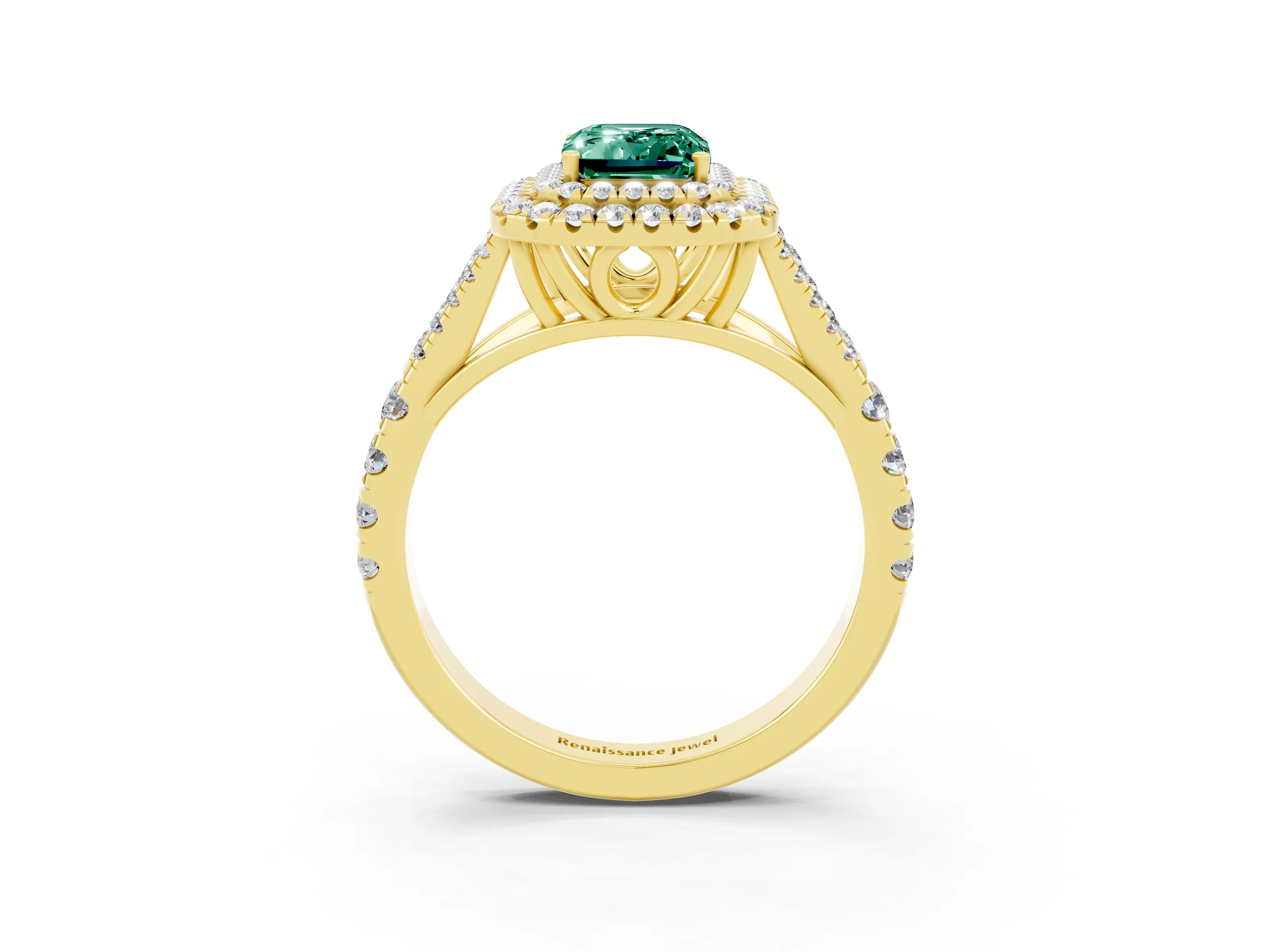 Yellow gold Double Halo Emerald Cut Green Sapphire Split Shank Engagement Ring with Four-Prong Setting_3