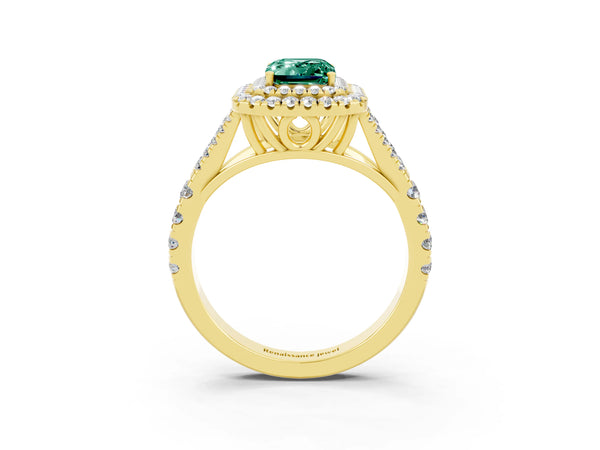 Yellow gold Double Halo Emerald Cut Green Sapphire Split Shank Engagement Ring with Four-Prong Setting