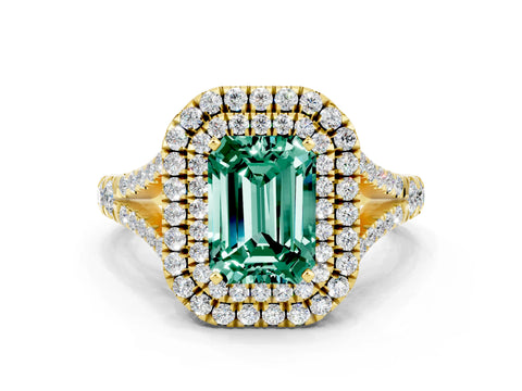 Yellow gold Double Halo Emerald Cut Green Sapphire Split Shank Engagement Ring with Four-Prong Setting