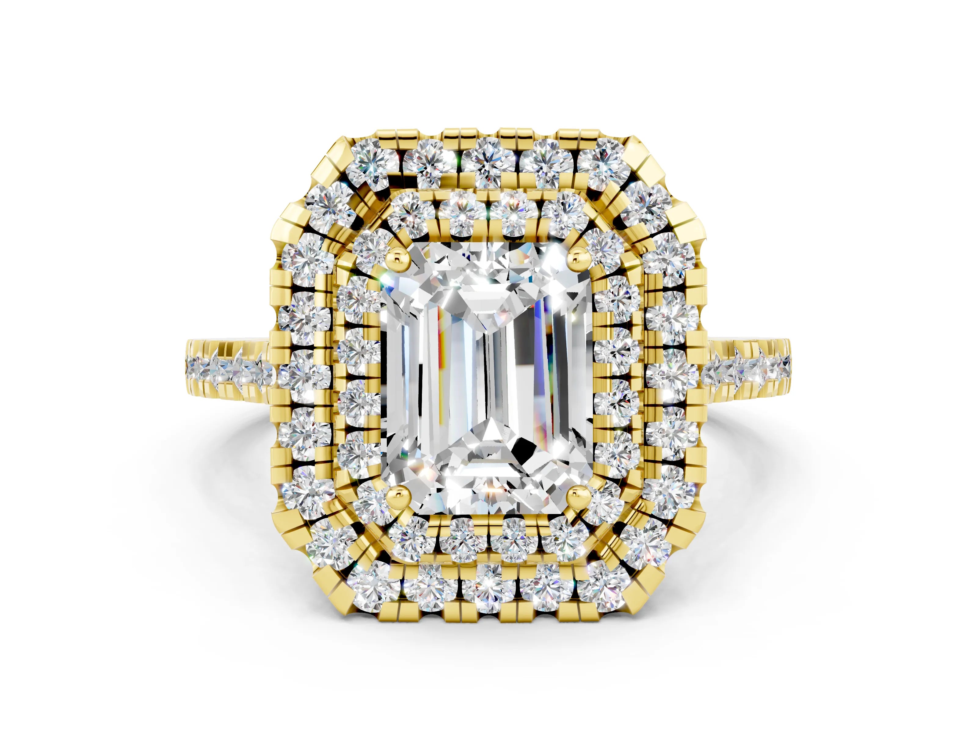 Yellow gold Double Halo Emerald Cut Moissanite Pavé Band with Four-Prong Setting