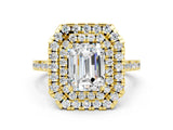 Yellow gold Double Halo Emerald Cut Moissanite Pavé Band with Four-Prong Setting