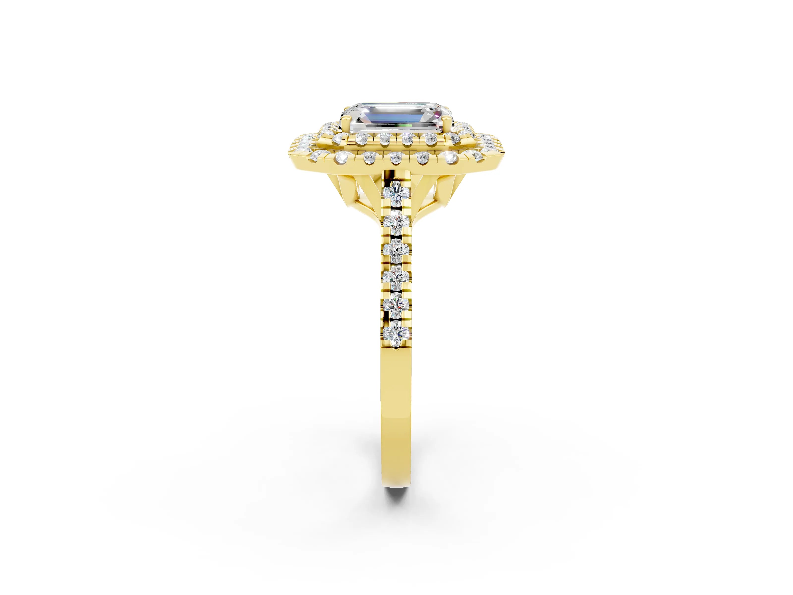 Yellow gold Double Halo Emerald Cut Moissanite Pavé Band with Four-Prong Setting_2