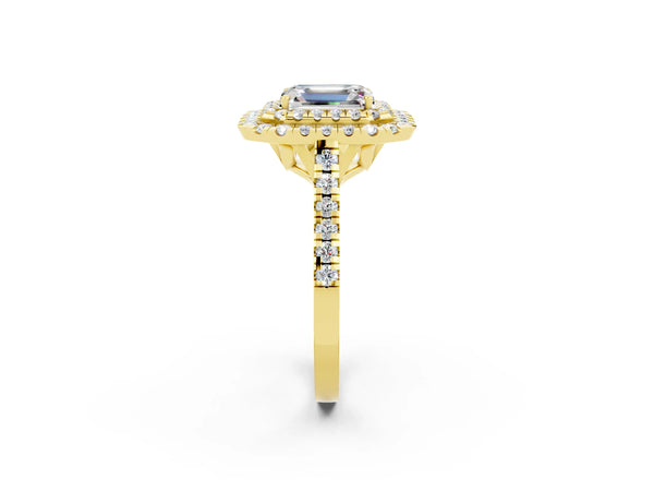 Yellow gold Double Halo Emerald Cut Moissanite Pavé Band with Four-Prong Setting