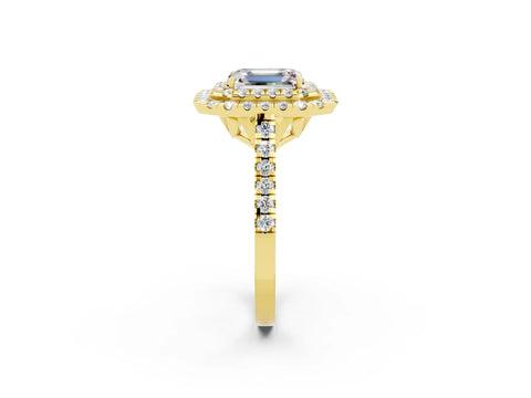Yellow gold Double Halo Emerald Cut Moissanite Pavé Band with Four-Prong Setting_2