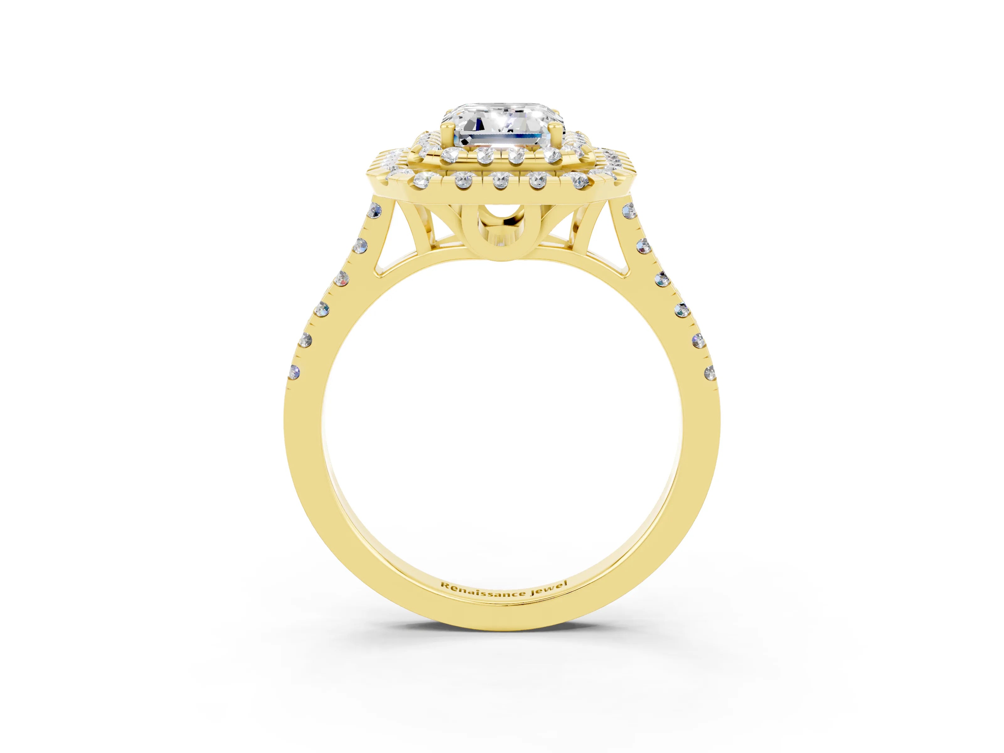 Yellow gold Double Halo Emerald Cut Moissanite Pavé Band with Four-Prong Setting_3