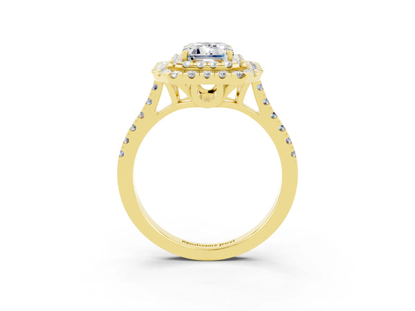 Yellow gold Double Halo Emerald Cut Moissanite Pavé Band with Four-Prong Setting
