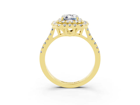 Yellow gold Double Halo Emerald Cut Moissanite Pavé Band with Four-Prong Setting_3