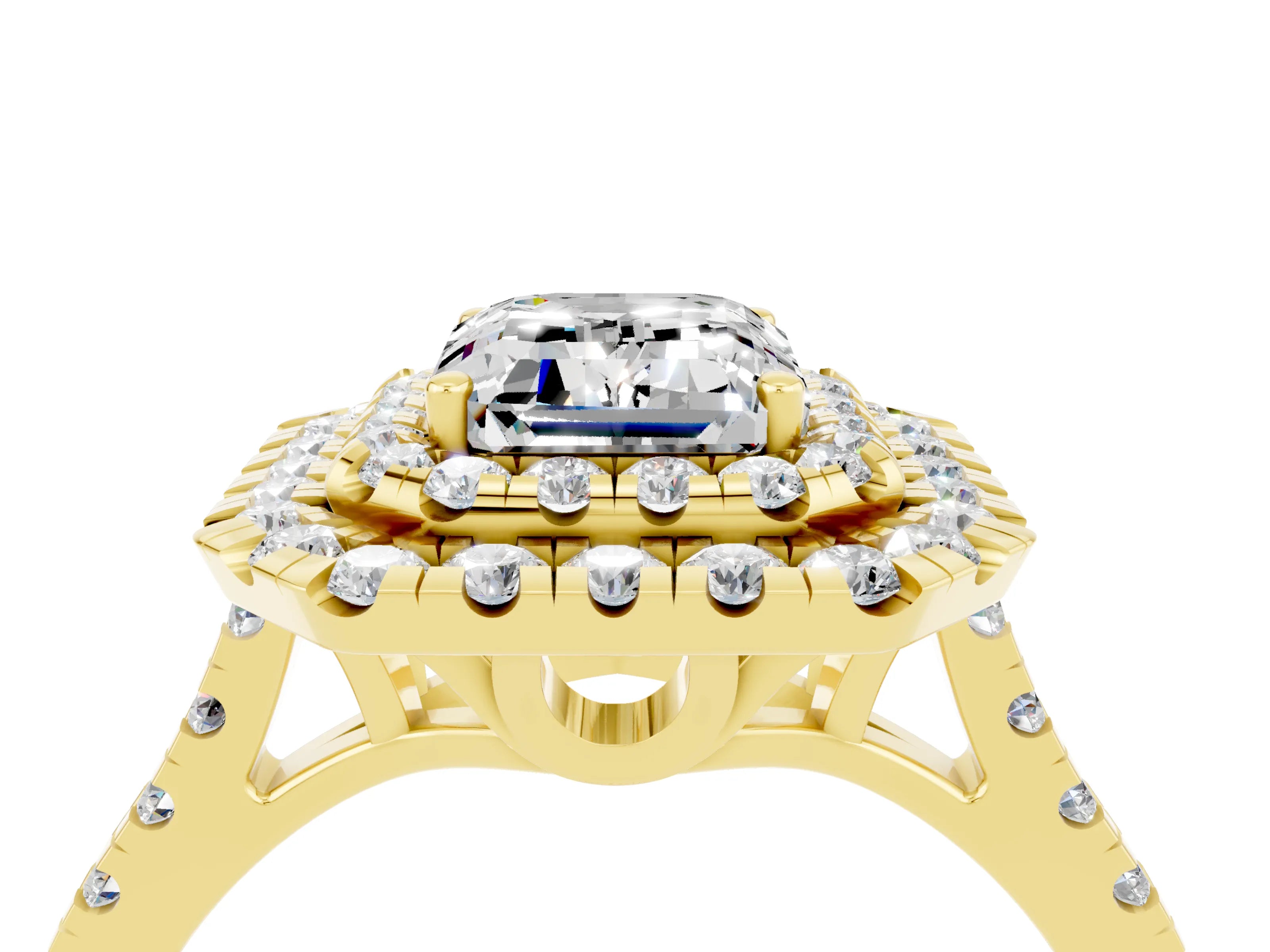 Yellow gold Double Halo Emerald Cut Moissanite Pavé Band with Four-Prong Setting_4