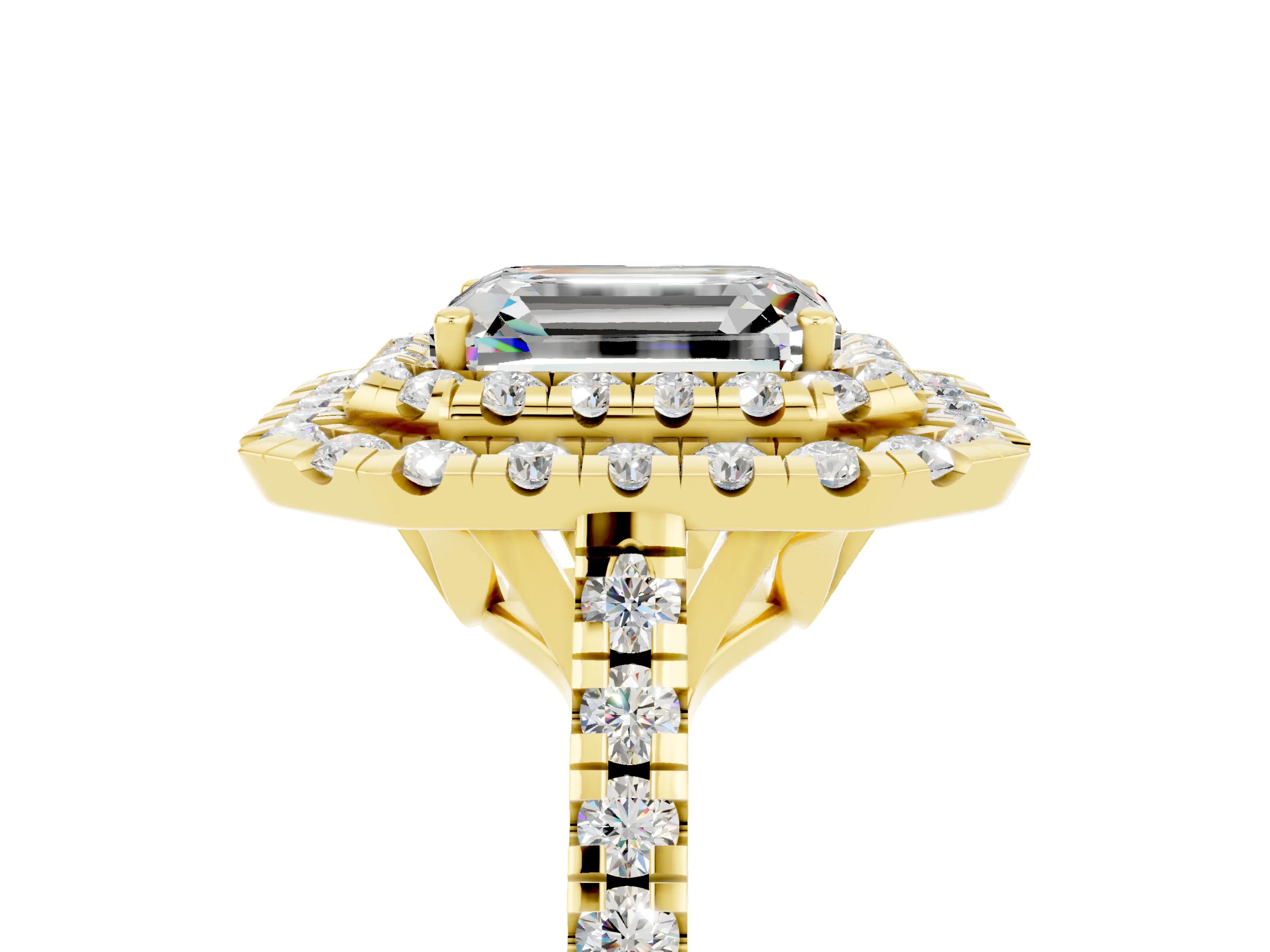 Yellow gold Double Halo Emerald Cut Moissanite Pavé Band with Four-Prong Setting_5