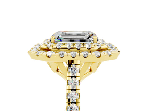Yellow gold Double Halo Emerald Cut Moissanite Pavé Band with Four-Prong Setting_5