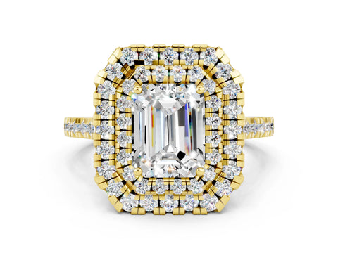 Yellow gold Double Halo Emerald Cut Moissanite Pavé Band with Four-Prong Setting
