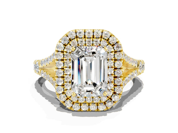 Yellow gold Double Halo Emerald Cut Moissanite Pavé Split Shank Ring with Prong Setting