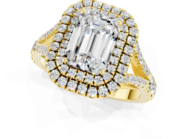 Yellow gold Double Halo Emerald Cut Moissanite Pavé Split Shank Ring with Prong Setting