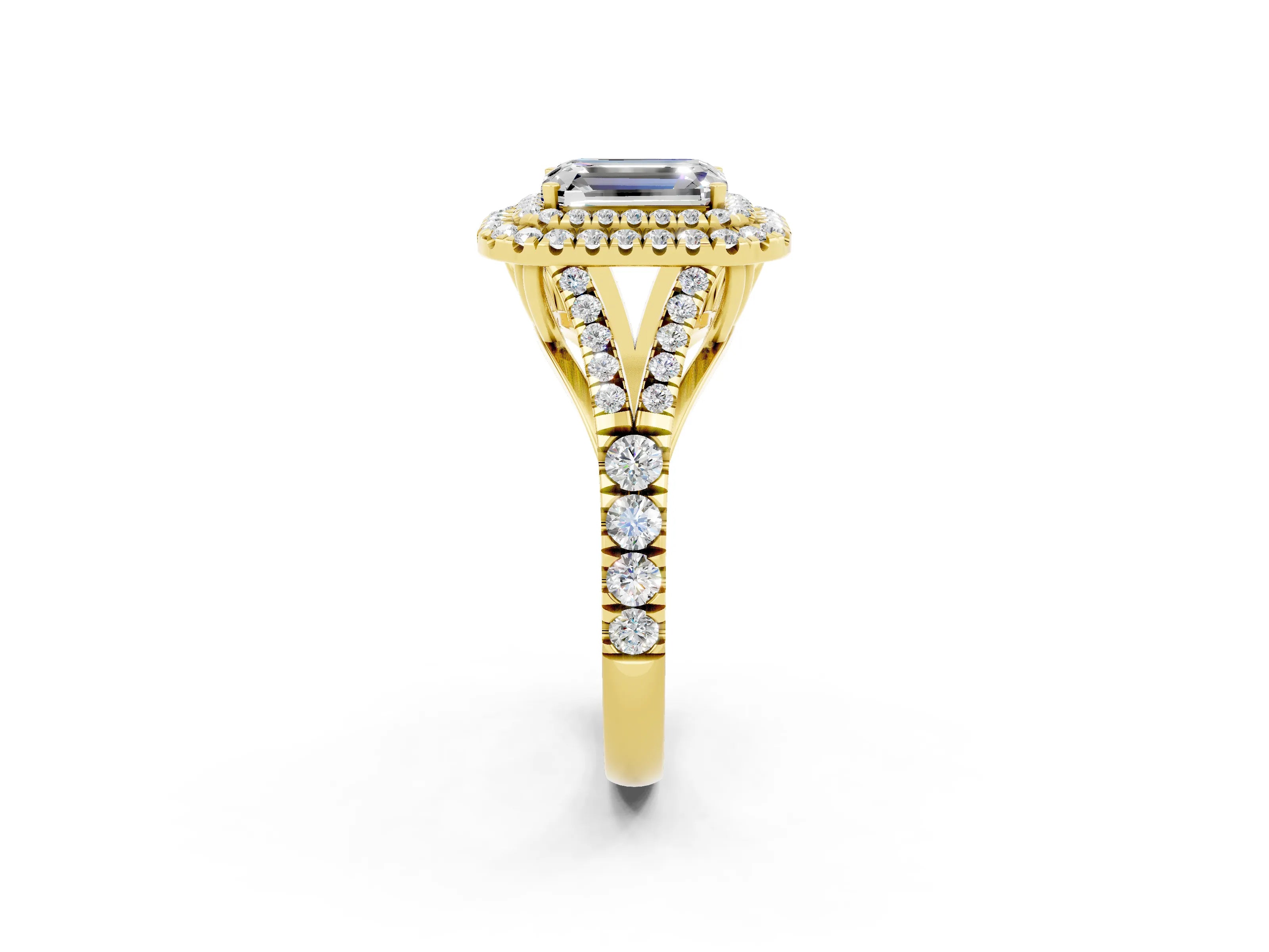 Yellow gold Double Halo Emerald Cut Moissanite Pavé Split Shank Ring with Prong Setting_2