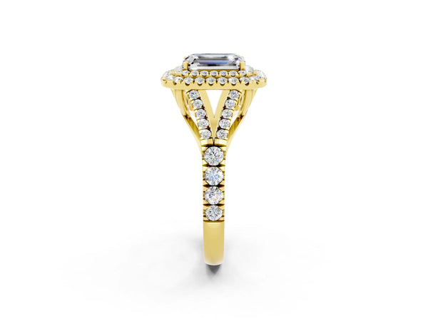 Yellow gold Double Halo Emerald Cut Moissanite Pavé Split Shank Ring with Prong Setting