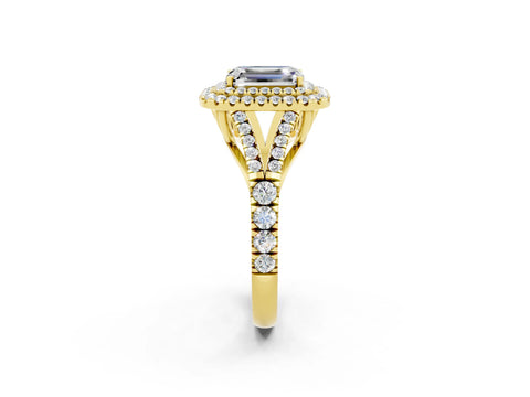 Yellow gold Double Halo Emerald Cut Moissanite Pavé Split Shank Ring with Prong Setting_2