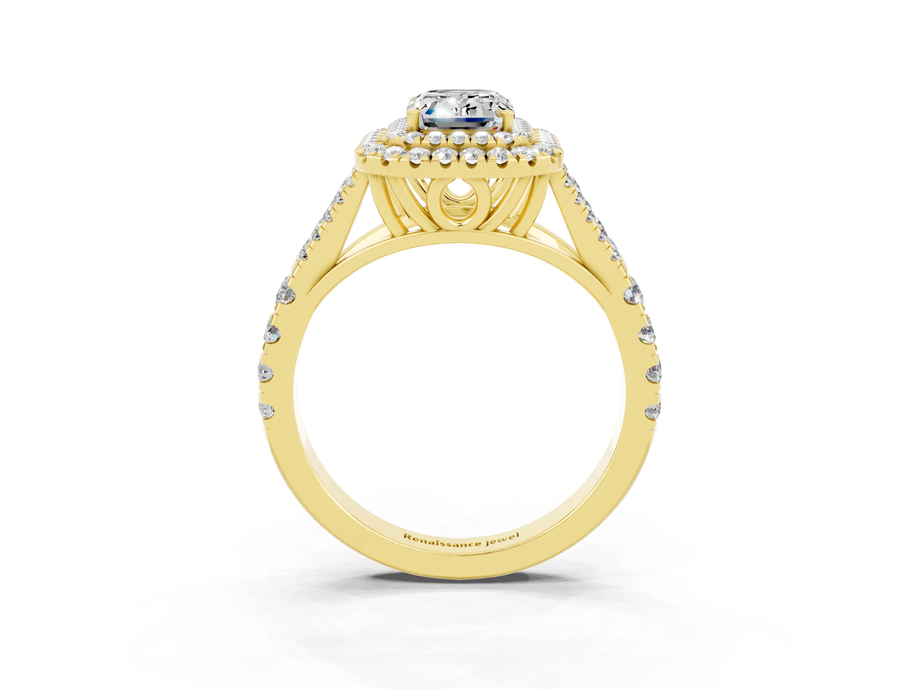 Yellow gold Double Halo Emerald Cut Moissanite Pavé Split Shank Ring with Prong Setting_3
