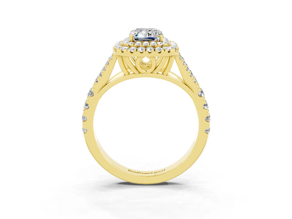 Yellow gold Double Halo Emerald Cut Moissanite Pavé Split Shank Ring with Prong Setting