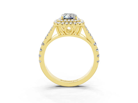 Yellow gold Double Halo Emerald Cut Moissanite Pavé Split Shank Ring with Prong Setting_3